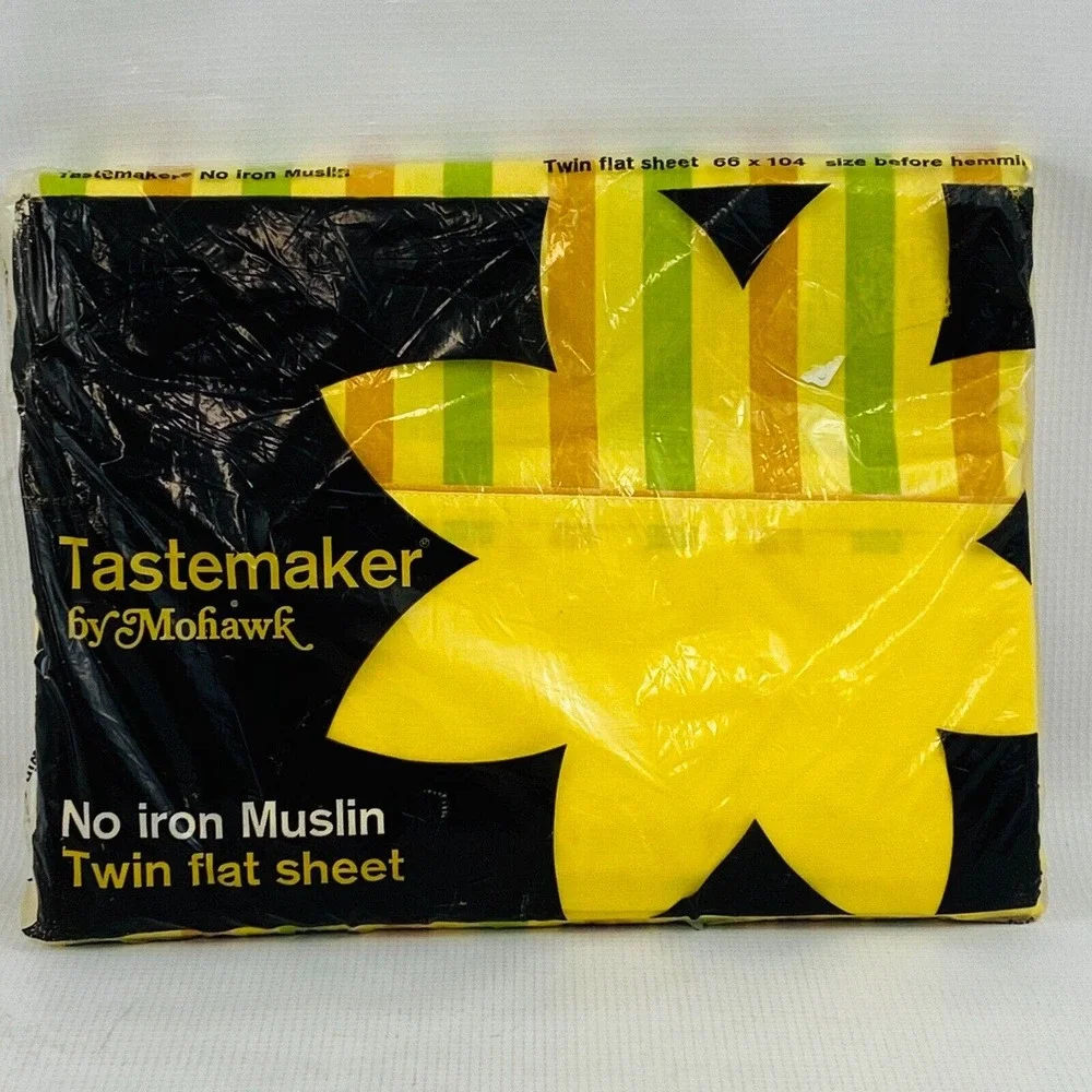 Vtg Mohawk Tastemaker Twin Flat Bed Sheet Striped Green Orange‎ Yellow Muslin